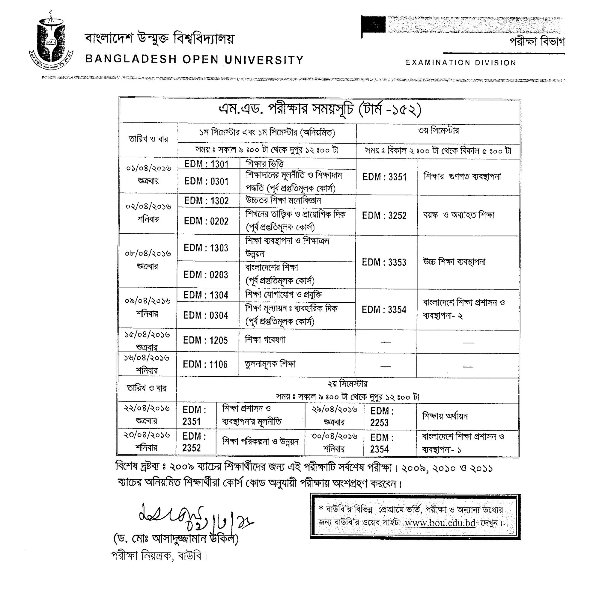 BOU M.Ed Exam Routine 2020 | BOU Master Of Education Exam Routine-2020 ...