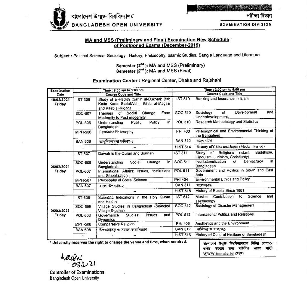 BOU MA MSS & Exam Routine 2021 - Bangladesh Open University