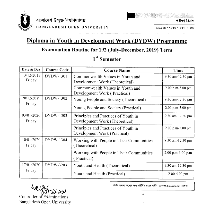 BOU DYDW Exam Routine 2020 | Bangladesh Open University DYDW Exam ...