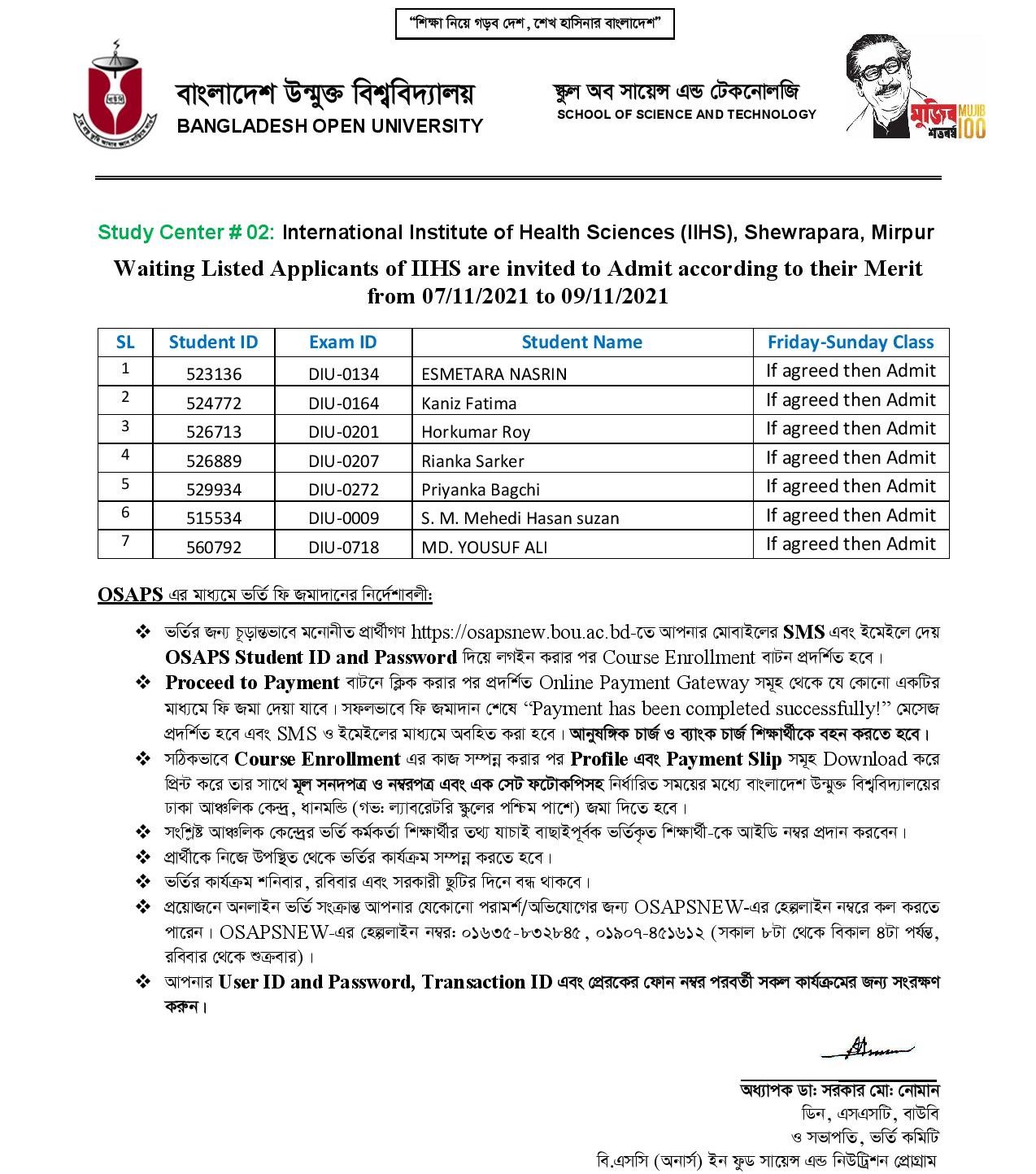BSC (Hons) In BFSN Admission From Waiting List 2021