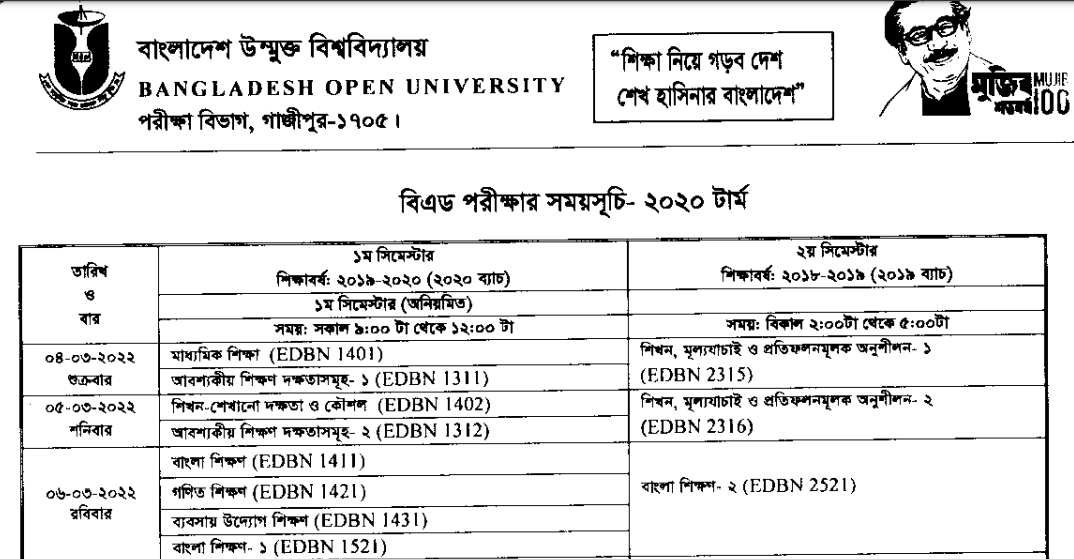 BOU B.Ed Exam Routine | Bachelor Of Education Exam Routine 2022 1