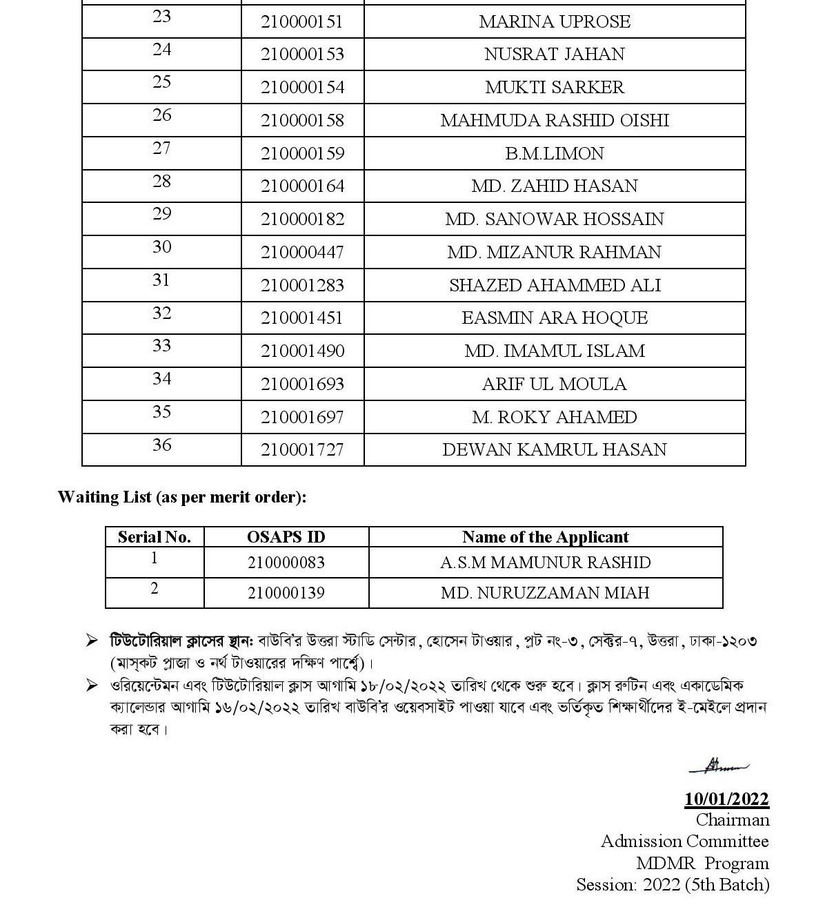 MDMR Admission Selected Candidate List 