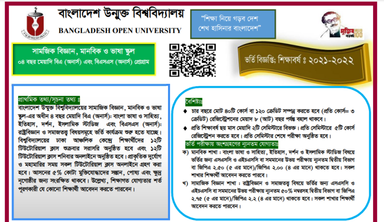 BOU BA/BSS Admission Circular 2022 - Bangladesh Open University