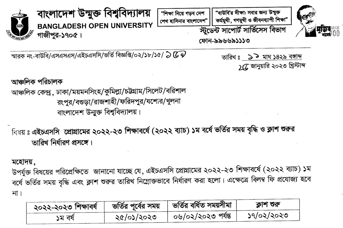 BOU HSC Admission Circular