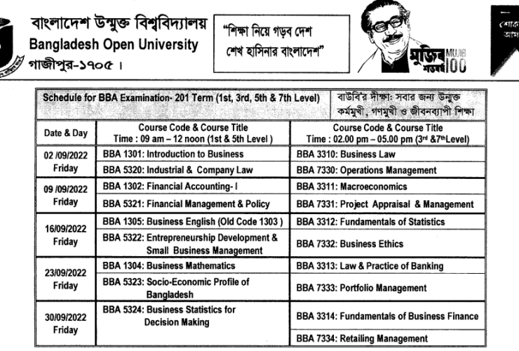 BOU BBA Exam Routine 2022 - Bangladesh Open University