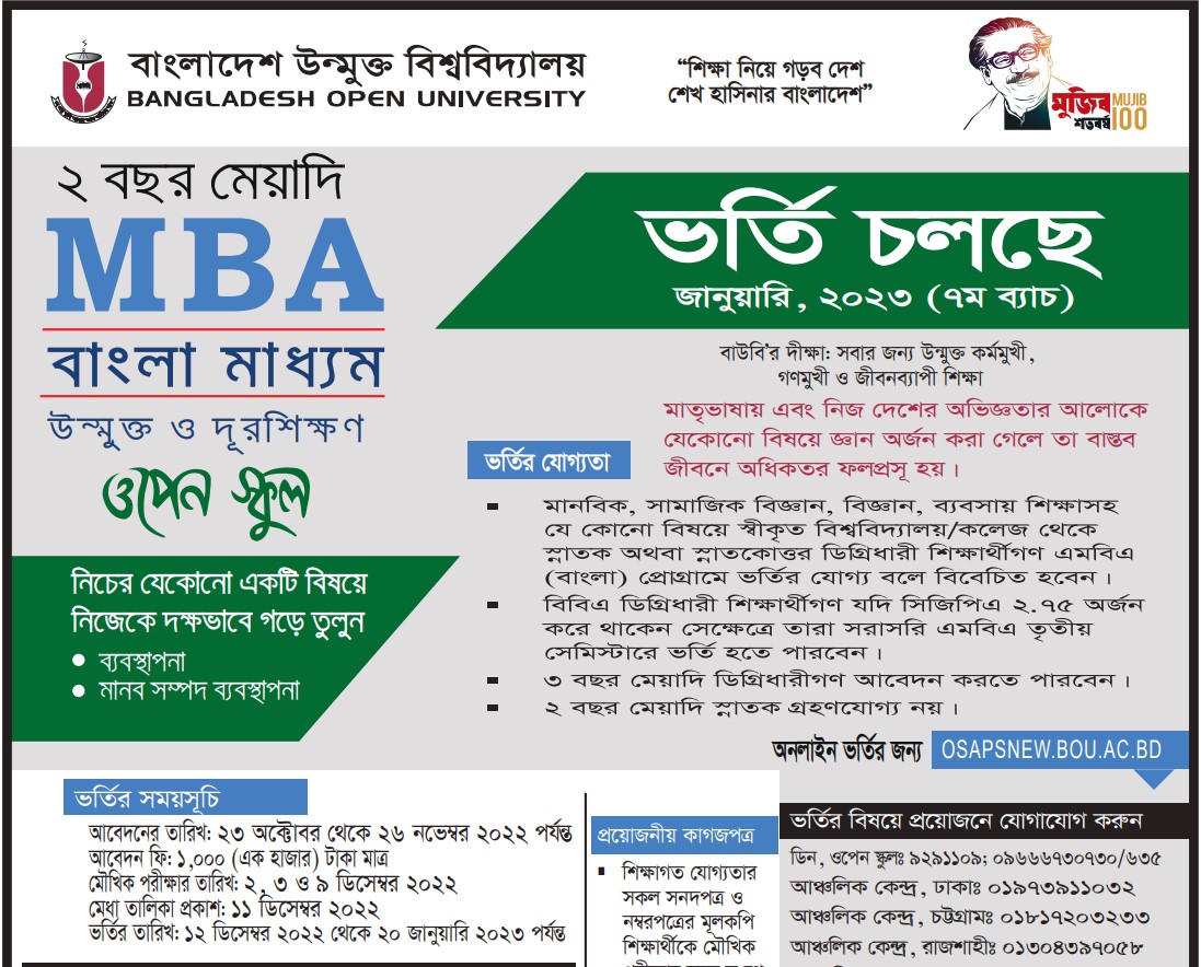 BOU MBA Admission Circular